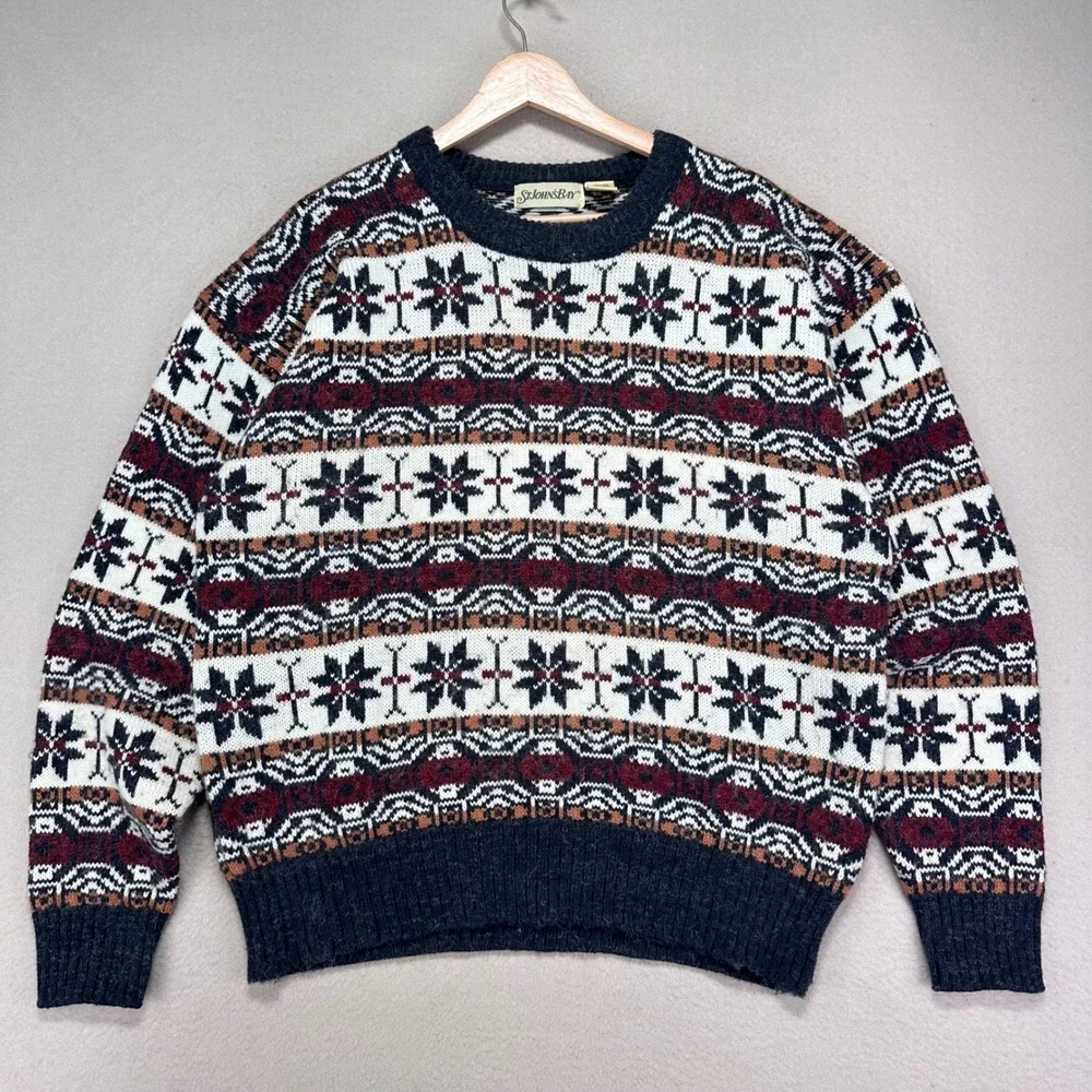 Vintage St. John's‎ Bay Sweater Mens Large Snowflake Chunky Knit Crewneck Nordic